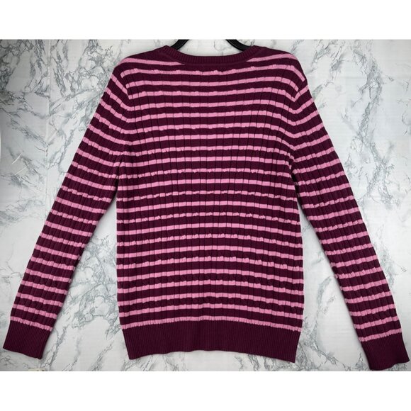 Style & Co. Womens L Cable Crew Striped Sweater Pink & Burgundy - Picture 2 of 8